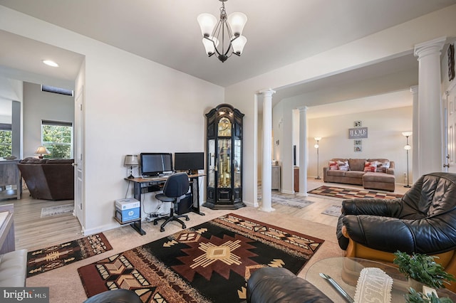 office with wood finished floors, decorative columns, baseboards, a chandelier, and recessed lighting