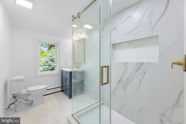 14 Titus Ave, Lawrence, NJ 08648 - full bathroom featuring toilet, a baseboard heating unit, vanity, a marble finish shower, and tile patterned flooring