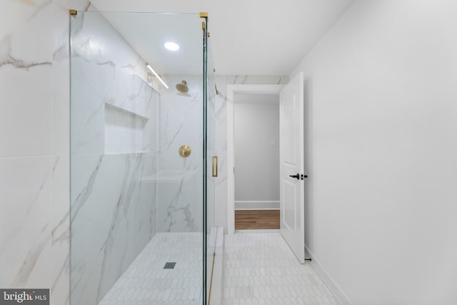 14 Titus Ave, Lawrence, NJ 08648 - full bath with a marble finish shower, recessed lighting, tile patterned flooring, and baseboards