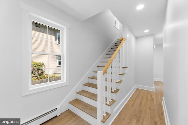 14 Titus Ave, Lawrence, NJ 08648 - stairs with wood finished floors, baseboards, recessed lighting, and a baseboard heating unit