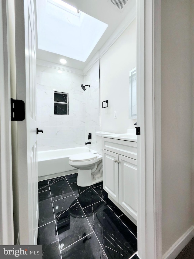 bathroom featuring toilet, shower / tub combination, a skylight, crown molding, and vanity