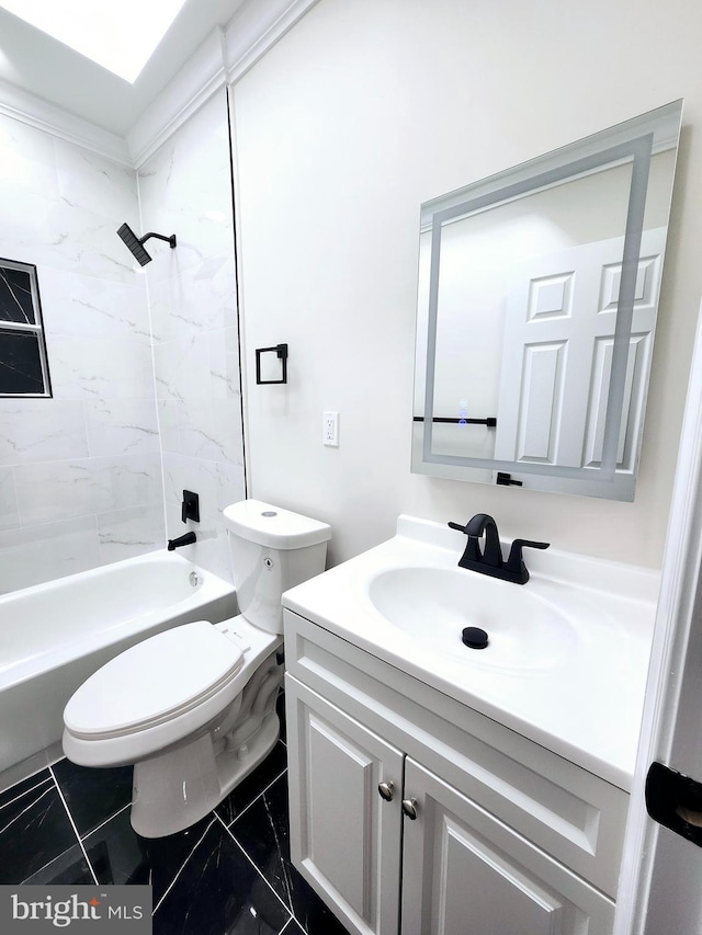 bathroom with vanity, toilet, bathing tub / shower combination, and marble finish floor