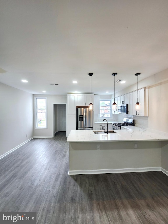 kitchen featuring a peninsula, a wealth of natural light, stainless steel appliances, and a sink