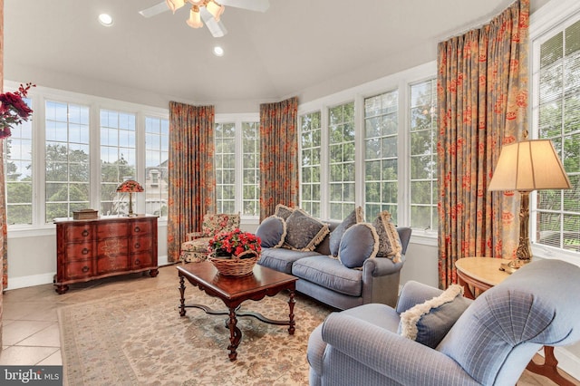 13457 Charolais Ct, Highland, MD 20777 - living area with tile patterned flooring, a ceiling fan, baseboards, recessed lighting, and vaulted ceiling