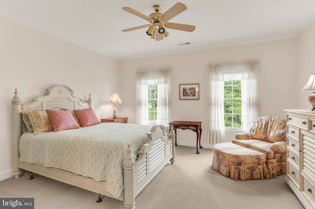 13457 Charolais Ct, Highland, MD 20777 - bedroom featuring light colored carpet, baseboards, ornamental molding, and a ceiling fan