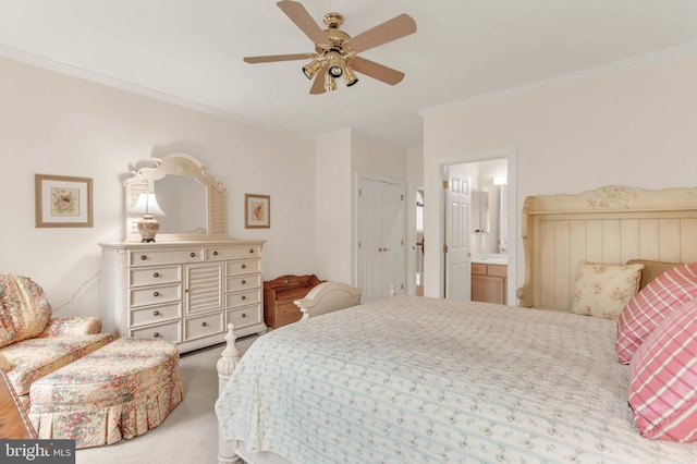 13457 Charolais Ct, Highland, MD 20777 - bedroom featuring crown molding, carpet, connected bathroom, and ceiling fan