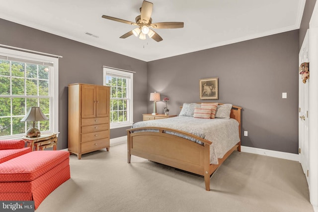 13457 Charolais Ct, Highland, MD 20777 - bedroom with light colored carpet, baseboards, a ceiling fan, and ornamental molding