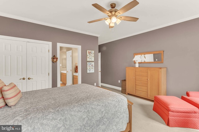 13457 Charolais Ct, Highland, MD 20777 - bedroom with crown molding, a closet, ceiling fan, light carpet, and baseboards