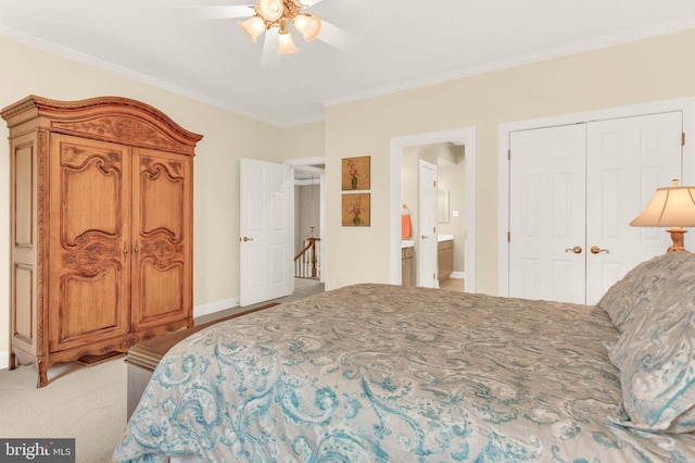 13457 Charolais Ct, Highland, MD 20777 - bedroom featuring ornamental molding, a closet, light carpet, ensuite bath, and ceiling fan