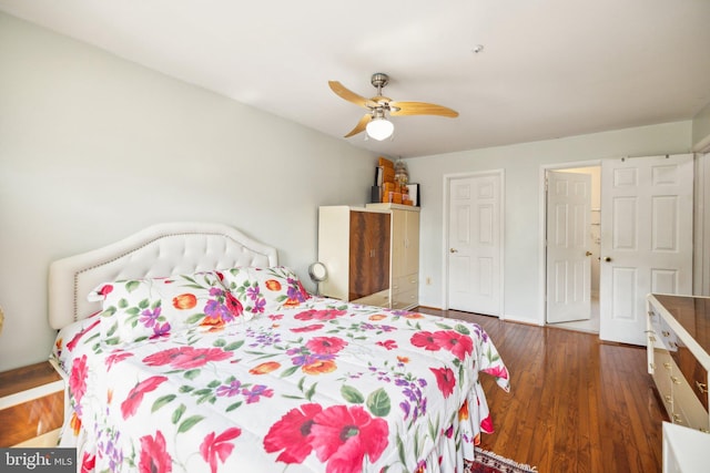 bedroom with a ceiling fan and wood finished floors