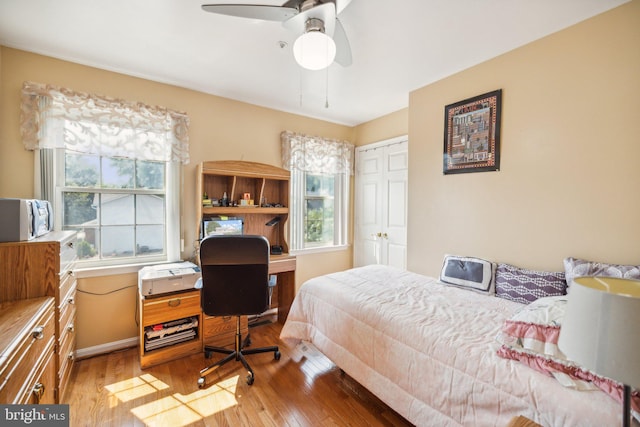 bedroom featuring a closet, wood finished floors, and ceiling fan