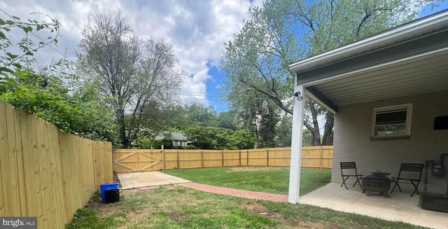 view of yard featuring a fenced backyard, a patio area, and a gate