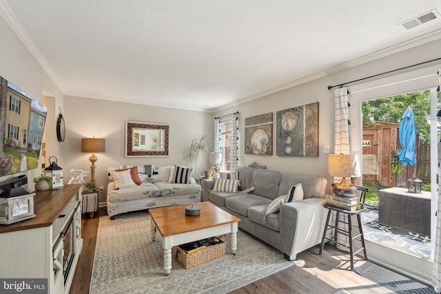 living area with wood finished floors, plenty of natural light, and ornamental molding
