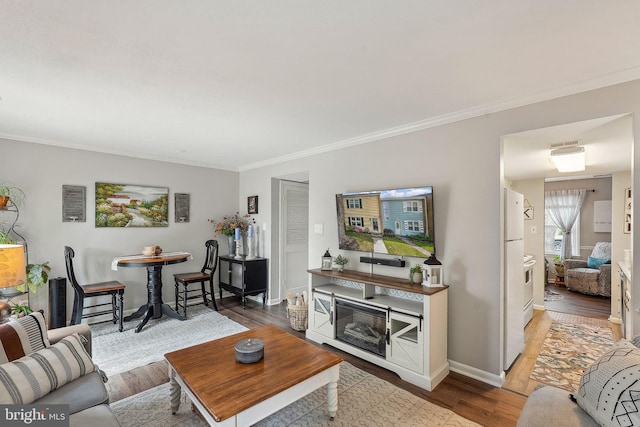 living area featuring wood finished floors, ornamental molding, and baseboards