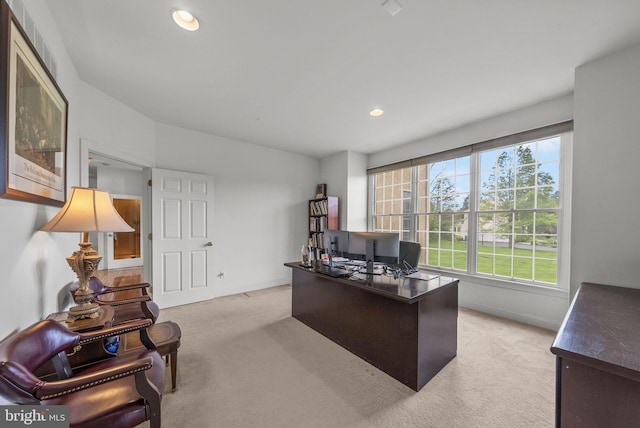 office area featuring carpet, baseboards, and recessed lighting