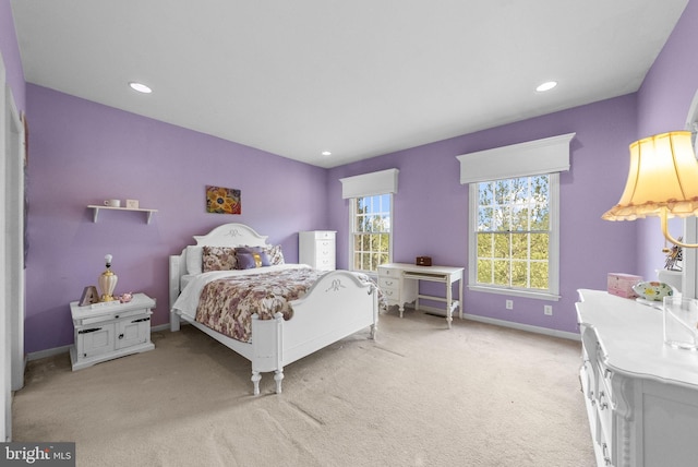 bedroom featuring carpet floors, baseboards, and recessed lighting