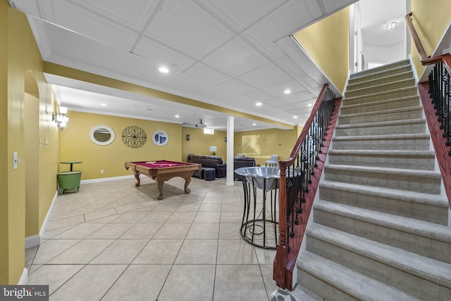 playroom featuring billiards table, crown molding, baseboards, light tile patterned flooring, and recessed lighting