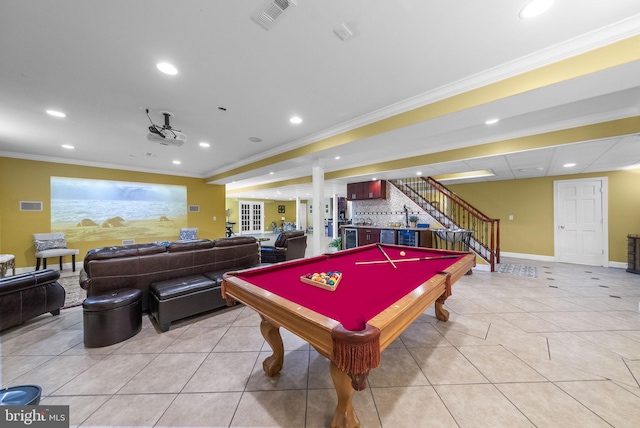 playroom featuring billiards table, recessed lighting, bar, crown molding, and light tile patterned floors