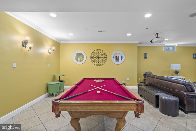 playroom with light tile patterned flooring, crown molding, recessed lighting, pool table, and baseboards