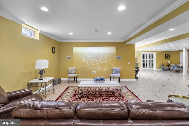 living area featuring recessed lighting, crown molding, baseboards, tile patterned flooring, and french doors
