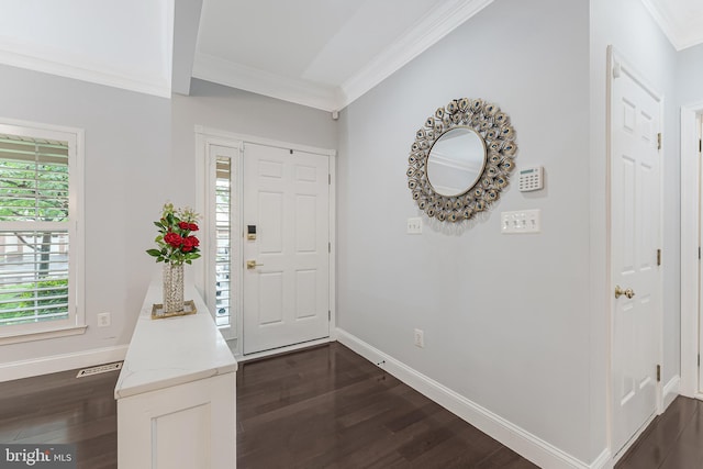 19599 Aspendale Sq, Ashburn, VA 20147 - entrance foyer featuring crown molding, dark wood-style floors, and baseboards