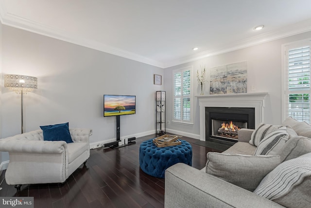 19599 Aspendale Sq, Ashburn, VA 20147 - living area with ornamental molding, a fireplace with flush hearth, wood finished floors, baseboards, and recessed lighting