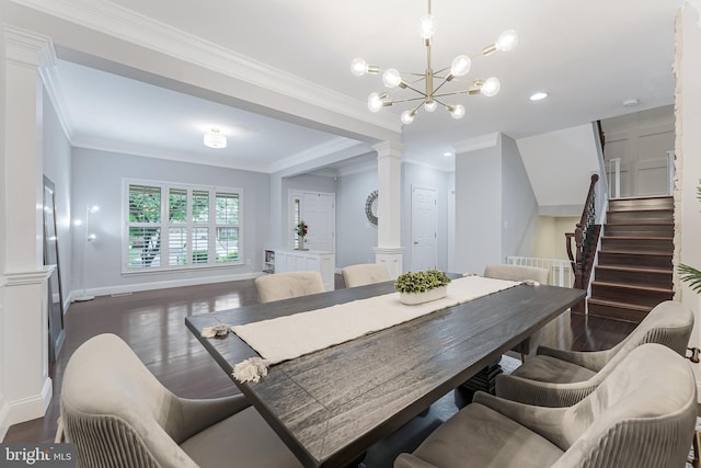 19599 Aspendale Sq, Ashburn, VA 20147 - dining space featuring ornate columns, stairs, wood finished floors, baseboards, and ornamental molding
