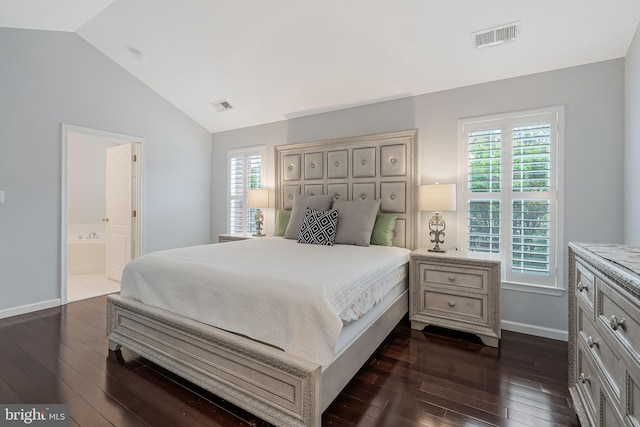 19599 Aspendale Sq, Ashburn, VA 20147 - bedroom with dark wood-type flooring, lofted ceiling, multiple windows, and baseboards
