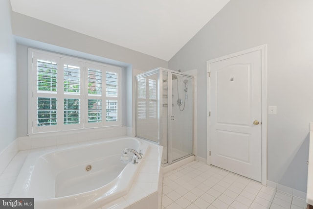 19599 Aspendale Sq, Ashburn, VA 20147 - full bath featuring a shower stall, lofted ceiling, a tub with jets, and tile patterned flooring
