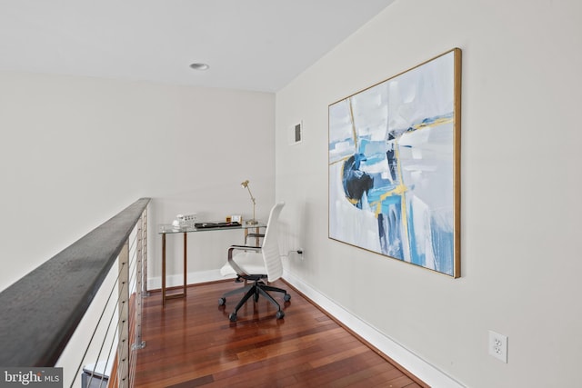 office space with baseboards, dark wood-style flooring, recessed lighting, and visible vents