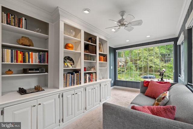 3210 Old Dominion Blvd, Alexandria, VA 22305 - sitting room featuring ornamental molding, light colored carpet, ceiling fan, recessed lighting, and built in shelves