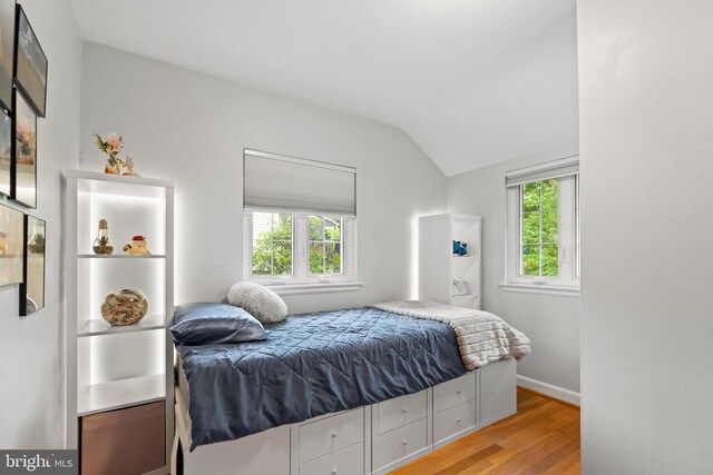 3210 Old Dominion Blvd, Alexandria, VA 22305 - bedroom featuring multiple windows, wood finished floors, lofted ceiling, and baseboards