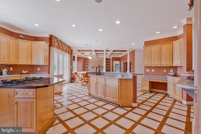 kitchen with ornamental molding, light brown cabinets, black gas cooktop, and recessed lighting