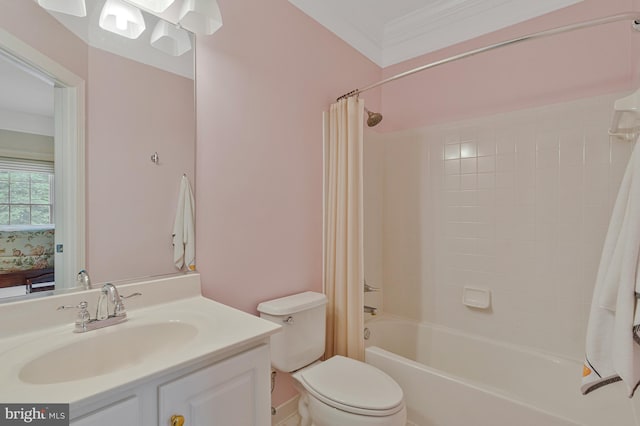 bathroom featuring vanity, shower / tub combo with curtain, crown molding, and toilet