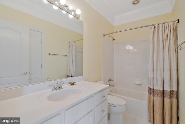 bathroom featuring shower / bath combination with curtain, toilet, tile patterned floors, crown molding, and vanity