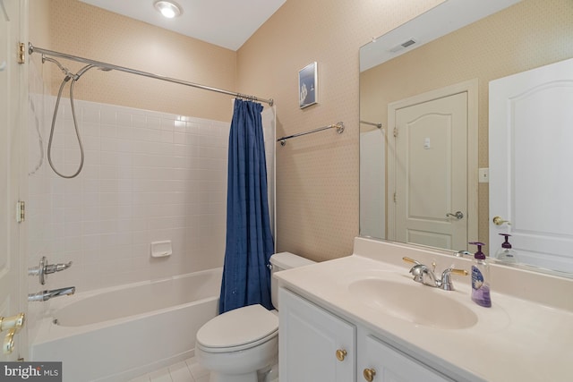 bathroom with toilet, shower / bath combo with shower curtain, vanity, visible vents, and tile patterned flooring