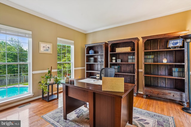 office featuring light wood-style floors, ornamental molding, and baseboards