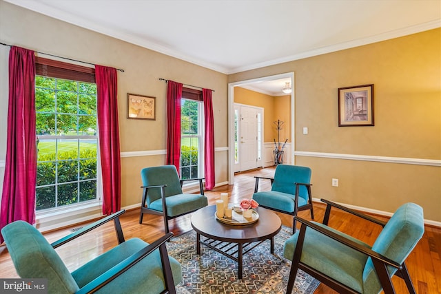 living area featuring wood finished floors, ornamental molding, and baseboards