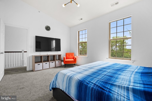 bedroom with carpet floors and lofted ceiling