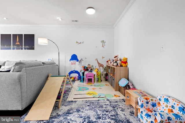 recreation room with crown molding