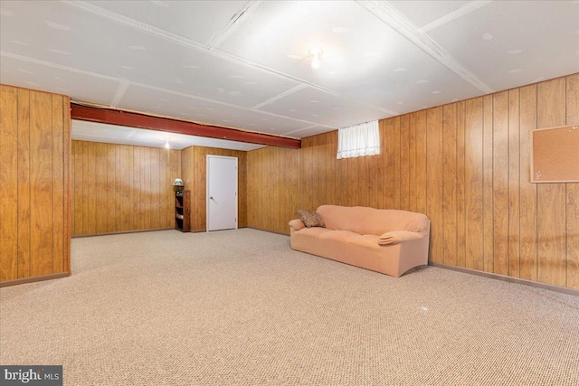 living area featuring wooden walls and carpet flooring