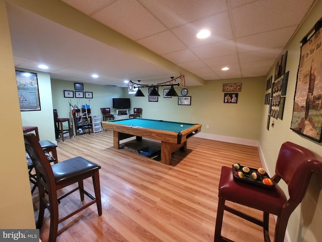 recreation room featuring recessed lighting, baseboards, light wood finished floors, a paneled ceiling, and billiards