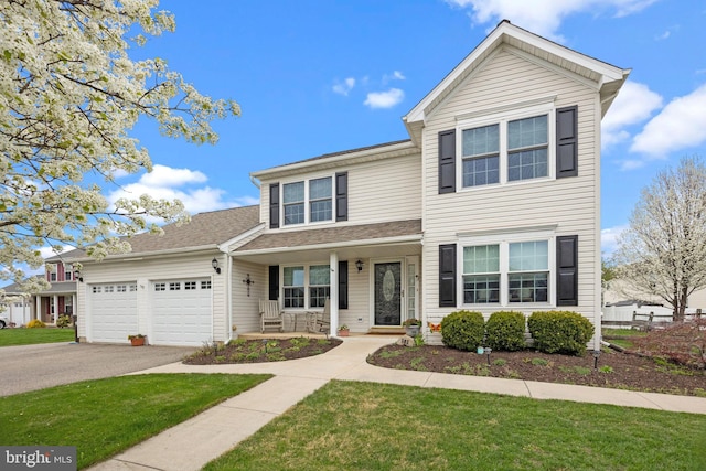 traditional-style house with a porch, asphalt driveway, a garage, and a front lawn