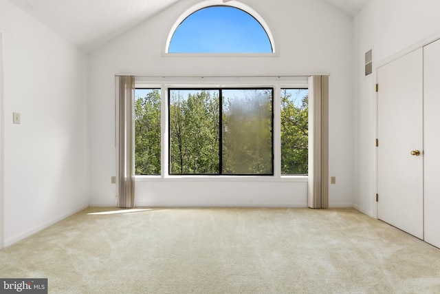 unfurnished bedroom with multiple windows, high vaulted ceiling, and carpet