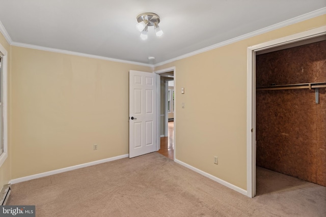 256 Frontier Trl, Lusby, MD 20657 - unfurnished bedroom with a closet, ornamental molding, carpet, baseboards, and a baseboard radiator
