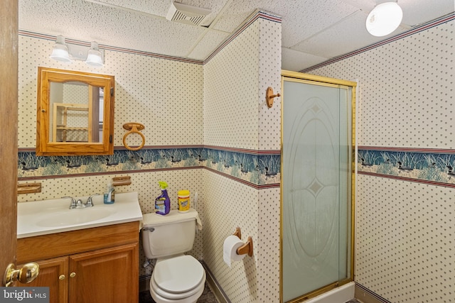 256 Frontier Trl, Lusby, MD 20657 - full bath featuring wallpapered walls, a shower stall, vanity, and toilet