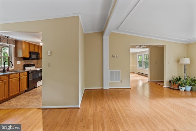 256 Frontier Trl, Lusby, MD 20657 - kitchen with a sink, black appliances, light wood-type flooring, a baseboard radiator, and crown molding