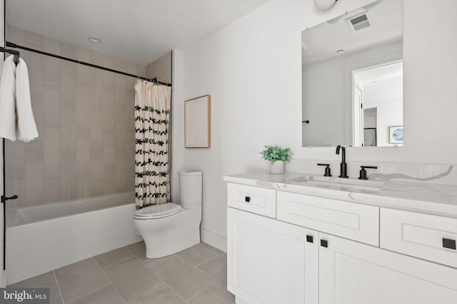 full bathroom with vanity, toilet, shower / bathtub combination with curtain, and visible vents