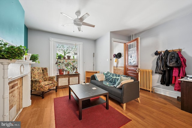 living room with light wood finished floors, radiator heating unit, and ceiling fan