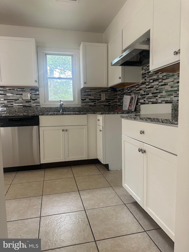15213 Michigan Rd, Woodbridge, VA 22191 - kitchen with dishwasher, ventilation hood, backsplash, dark stone countertops, and white cabinetry